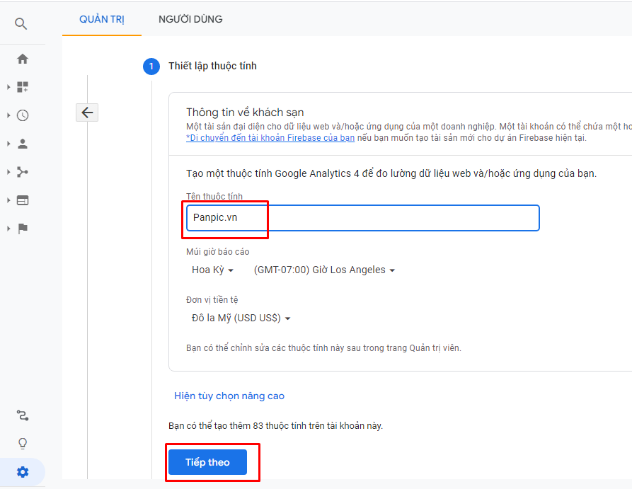 Google Analytics 4 Tạo thuộc tính mới