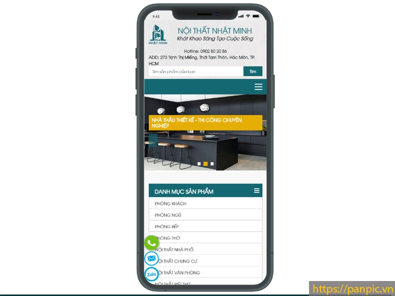 Thiết kế web công ty nội thất Nhật Minh màn hình điện thoại