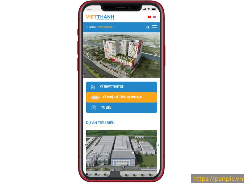 Màn hình điện thoại website cty xây dựng Việt Thanh