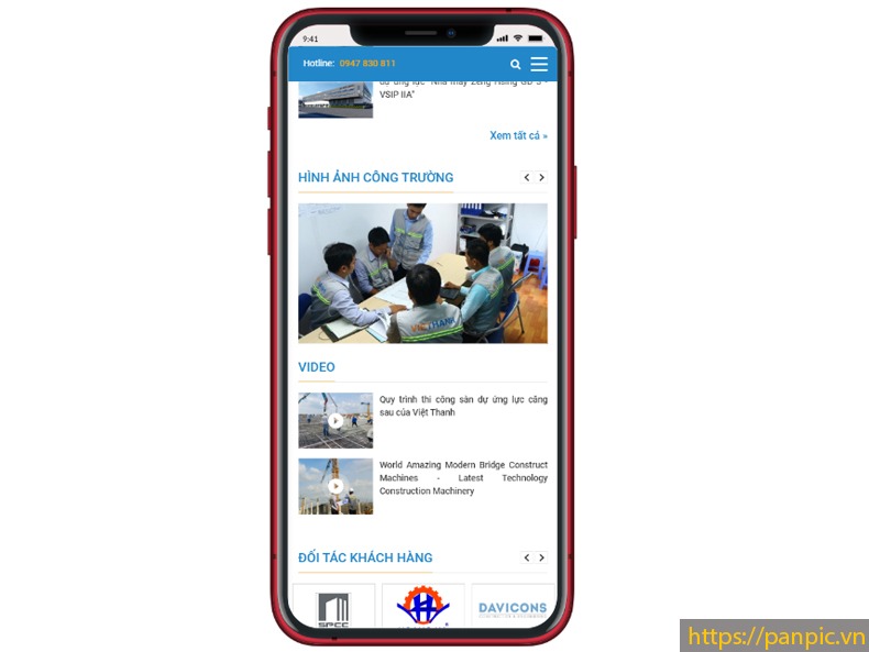 Màn hình điện thoại website cty xây dựng Việt Thanh