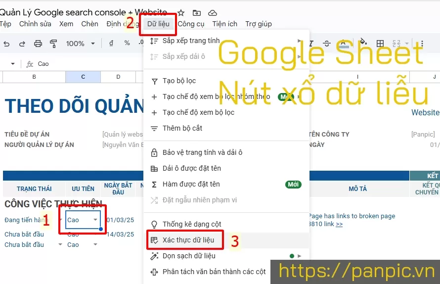 Google sheet excel tạo nút xổ danh sách dữ liệu