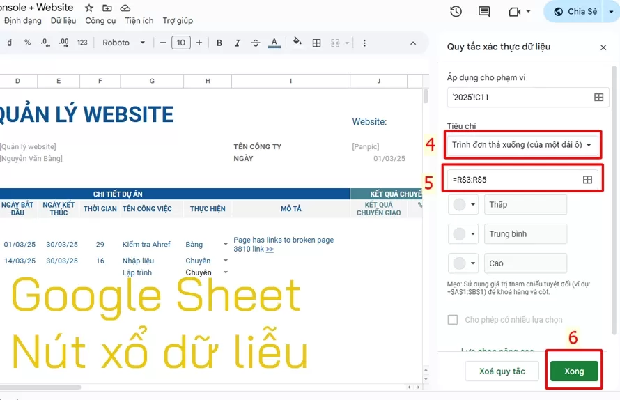 Google sheet excel tạo nút xổ danh sách dữ liệu